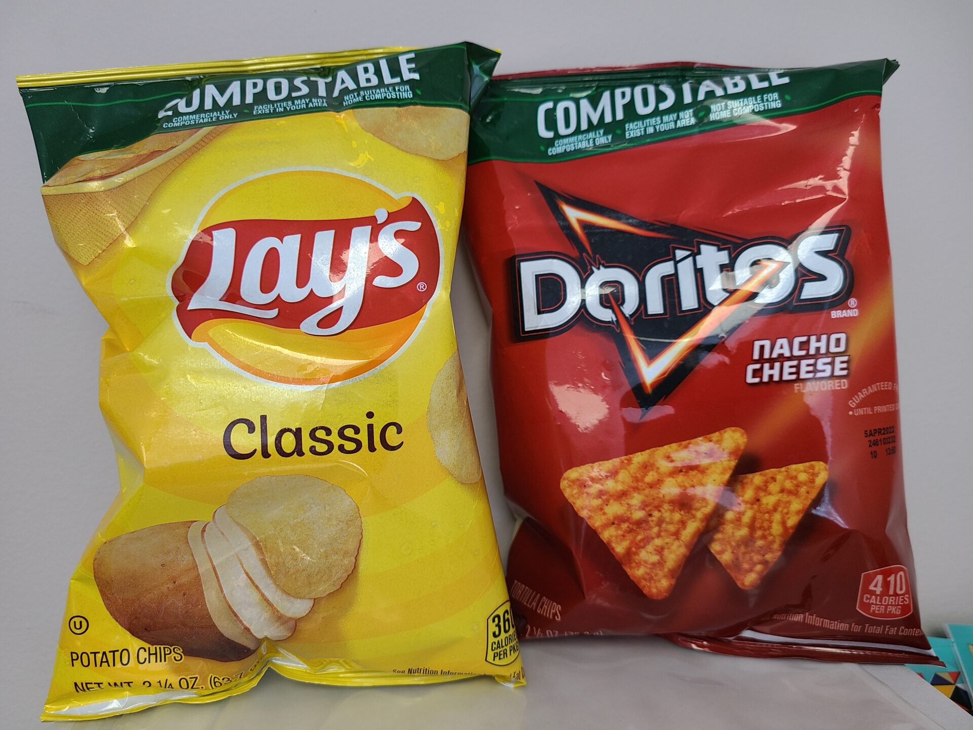 Compostable doritos and lays chip bags used at superbowl