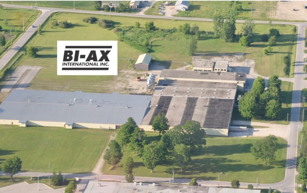 Aerial view of BIAX building with logo above